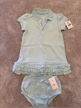 Ralph Lauren Girls' Light Aqua Polo Bloomer Set with Ruffle Hem - Size 18M - NWT